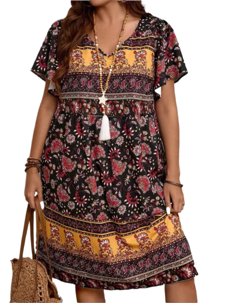 

Fashion Print Loose Dress Lady Casual V Neck Pullover Ruffles Short Sleeve Dresses For Women Summer Boho Beach Holiday Skirt New