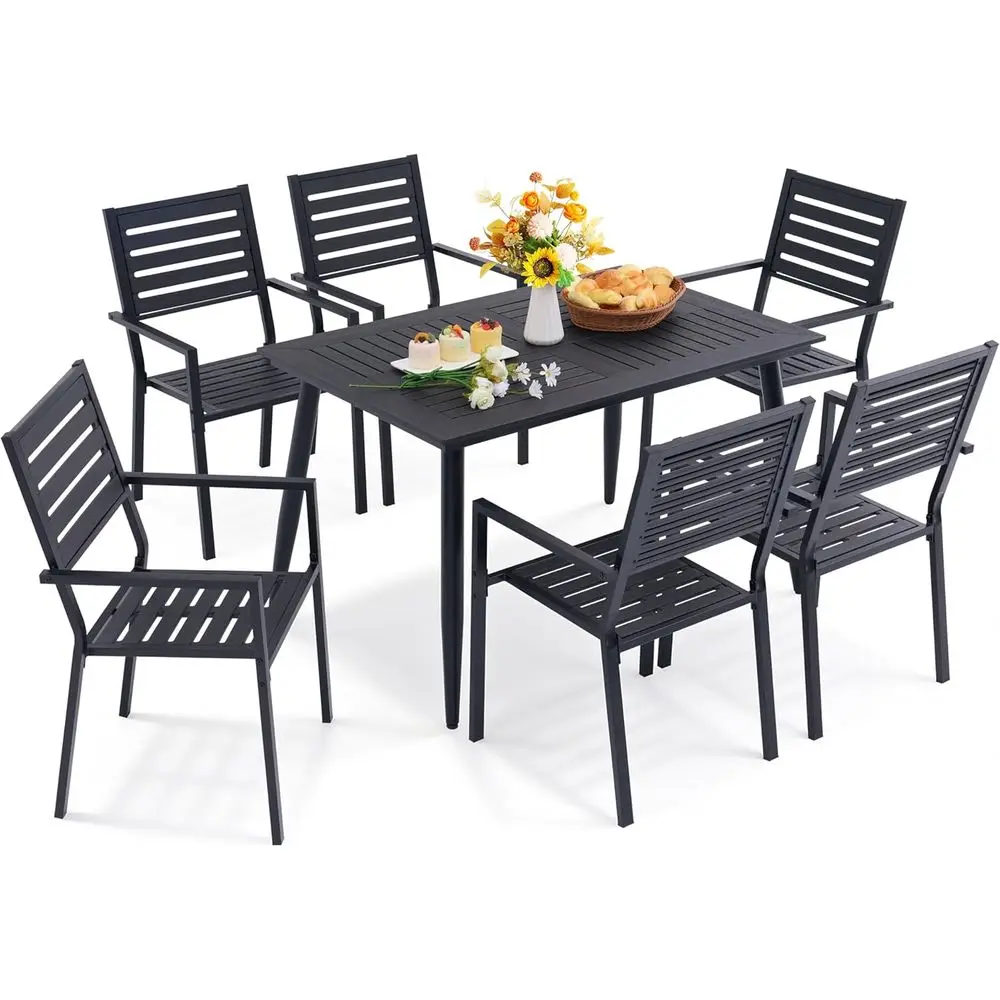 

All-Weather HDPE Outdoor 7-Piece Dining Set with Rust-Resistant Steel, Stackable Chairs for Patio or Backyard (Black)