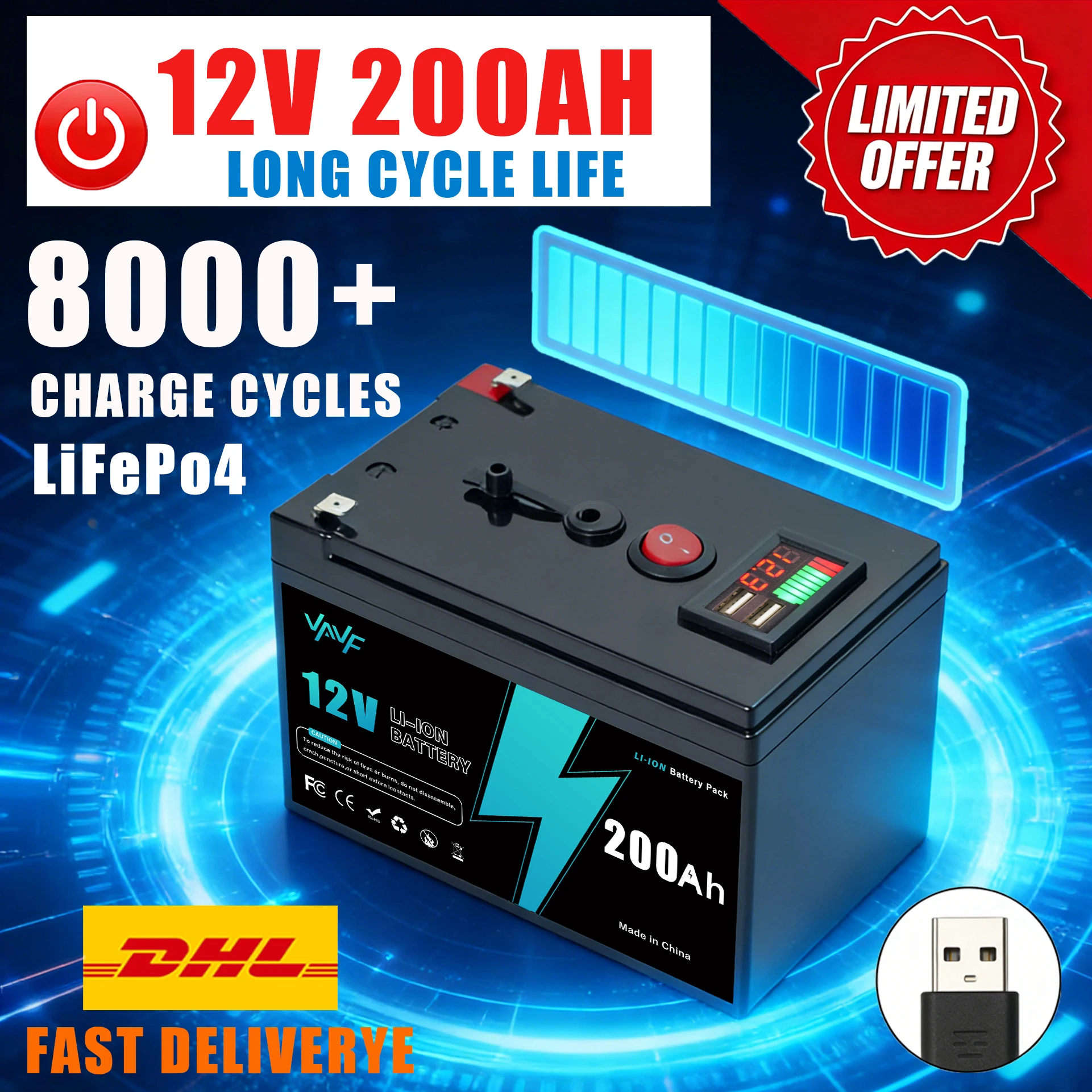 

200AH 12v Rechargeable Battery 200AH Lithium Iron Phosphate Battery with BMS for Reliable RV,Off-Grid, Marine&Solar Applications