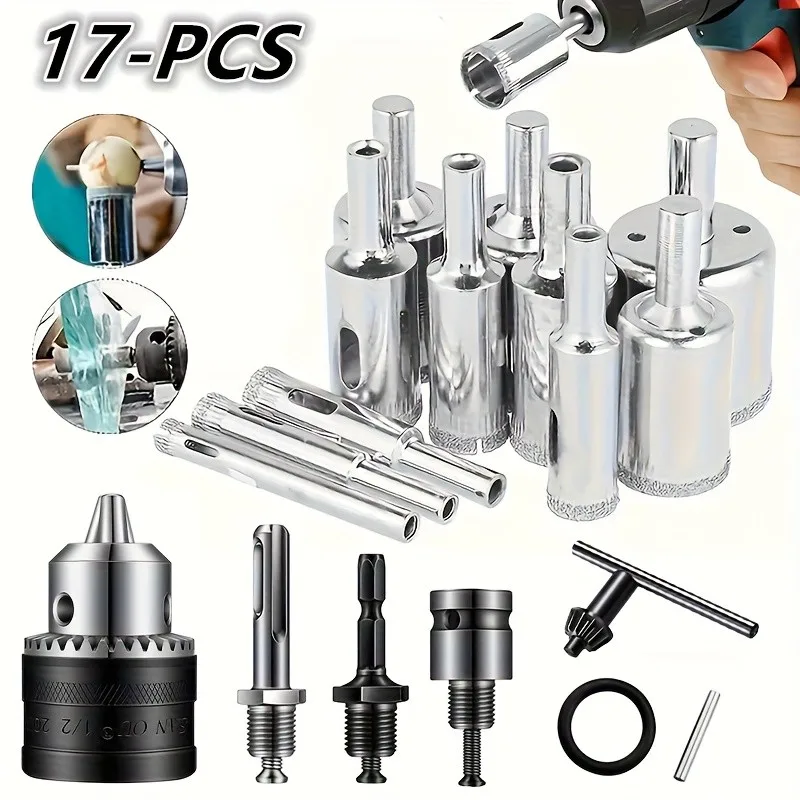 17PC Tile & Glass Drill Bit Set – Carbide Tips + Diamond Hole Saws, Multi-Shank