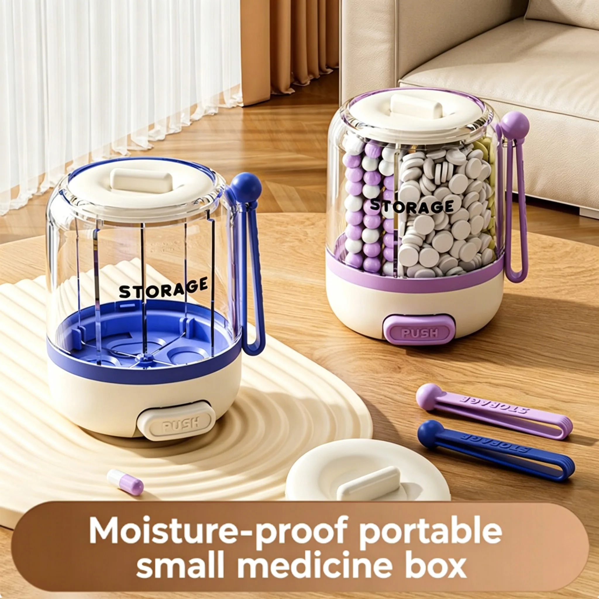 Push Button Weekly Pill Organizer, 7 Days Daily Medicine Dispenser Portable Pill Box, Moisture Proof Sealed Travel Tablet Storag