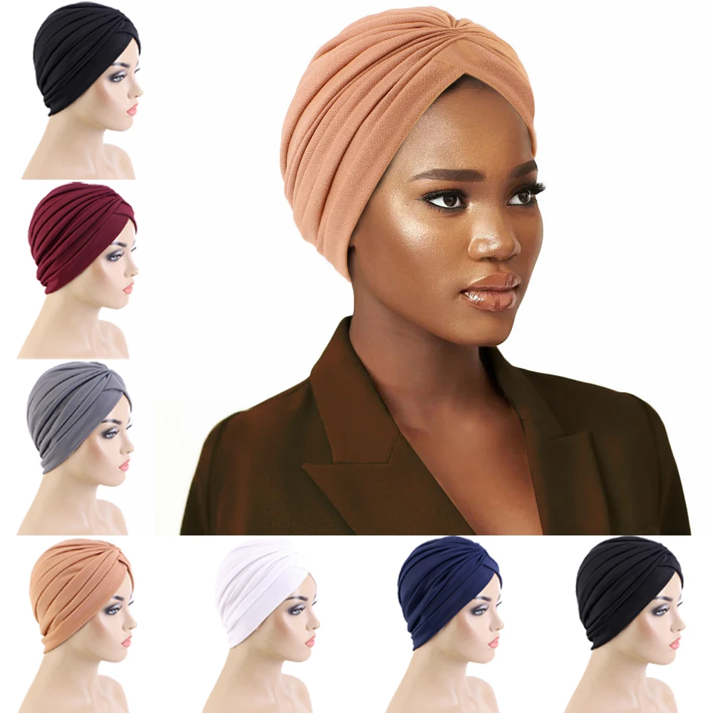 Topi lipit wanita Muslim, penutup kepala beanie kerudung rambut rontok untuk perempuan