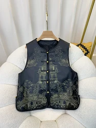 2024 Autumn Fashion Women's High Quality Chinese Style Embroidery Real Leather Vest Jackets C138