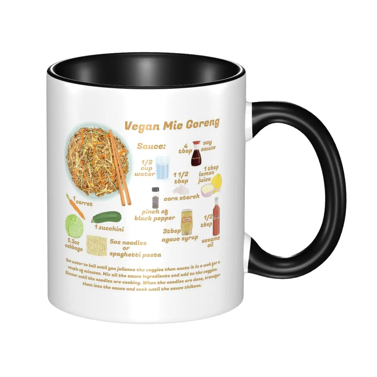 Taza de cerámica divertida con receta indonesia de Mie Goreng Indomie, tazas de café veganas, tazas de té, taza de leche, regalo para mujer y hombre