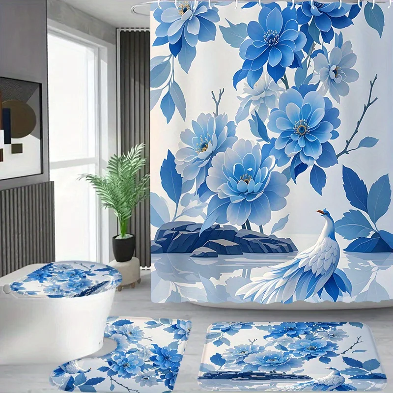 

4 шт., синий и белый фарфоровый стиль, украшение для ванной комнаты, полиэфирная ткань, занавеска для душа, коврик для унитаза, нескользящий коврик, U-образный коврик