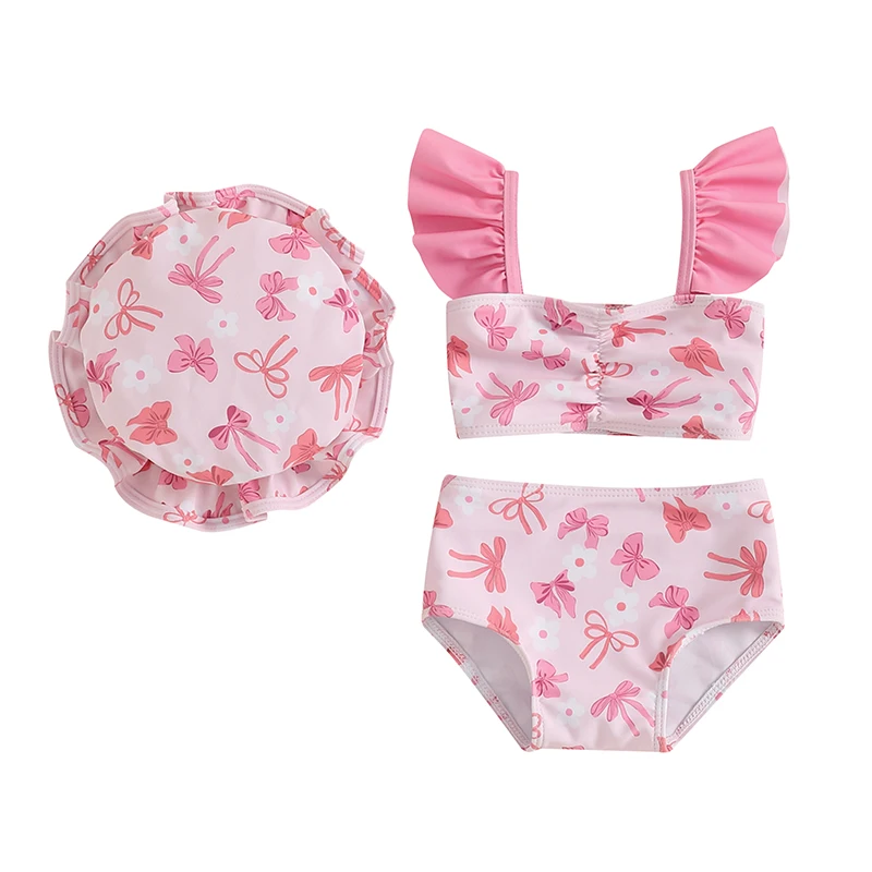 Toddler Girl Bikini Set Swimsuit Bow/Strawberry Print Tank Tops with Shorts and Hat Bathing Suit 3 Pcs Beachwear