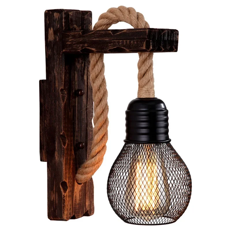 

Vintage Wood Hemp Rope Wall Lamps Fixture Retro Hallway Bedside Loft Light Luminaire Industrial American Decor Lighting Wooden