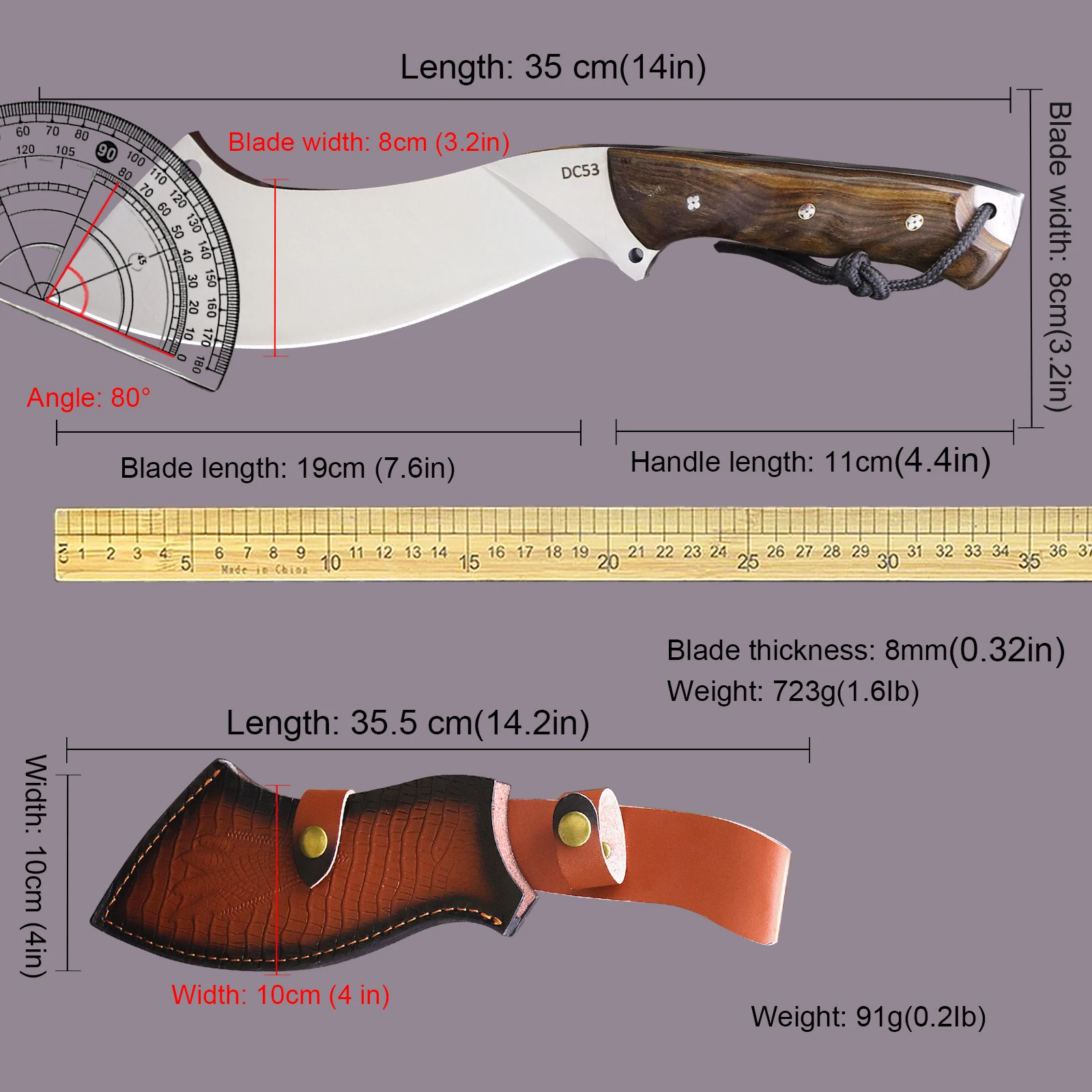 WPKOPYA Heavy Duty 8mm DC53 steel 14 inch multi-purpose outdoor full Tang Chai knife + sheath, agricultural chopping tool knife