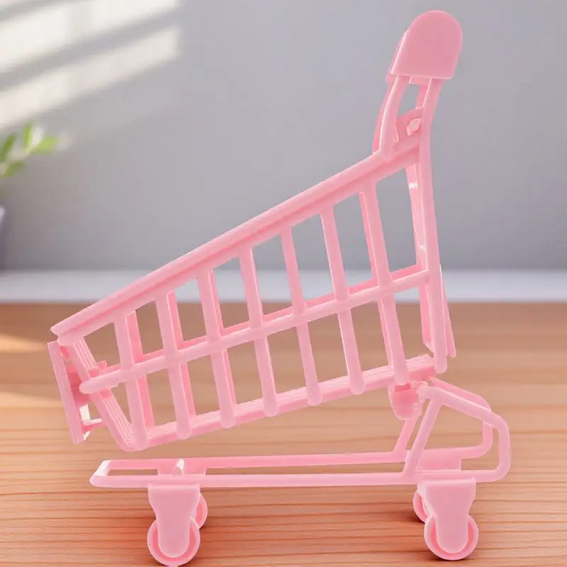 Mini Shopping Cart Trolly Ornament Storage Basket Desktop Organizer Girl Photo Prop Wheel Color Random