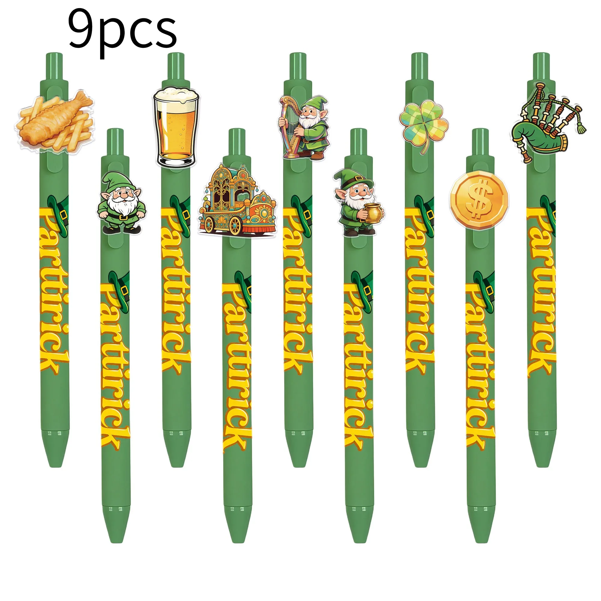 9pcs St. Patrick's Day Themed Ballpoint Pens Holiday Series Sticker Gift Pens for Students Writing and Signing
