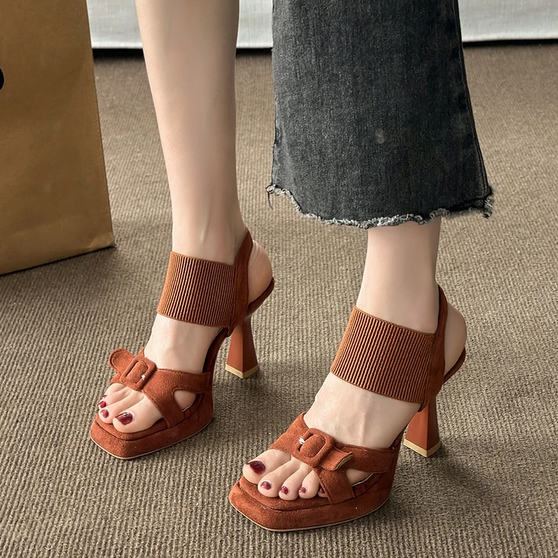 2024 Fashionable Women's Sandals Summer Square Toe High Heels Cross Buckle Elastic Fabric Women's Shoes Heels 9cm