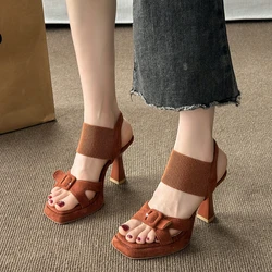 2024 Fashionable Women's Sandals Summer Square Toe High Heels Cross Buckle Elastic Fabric Women's Shoes Heels 9cm