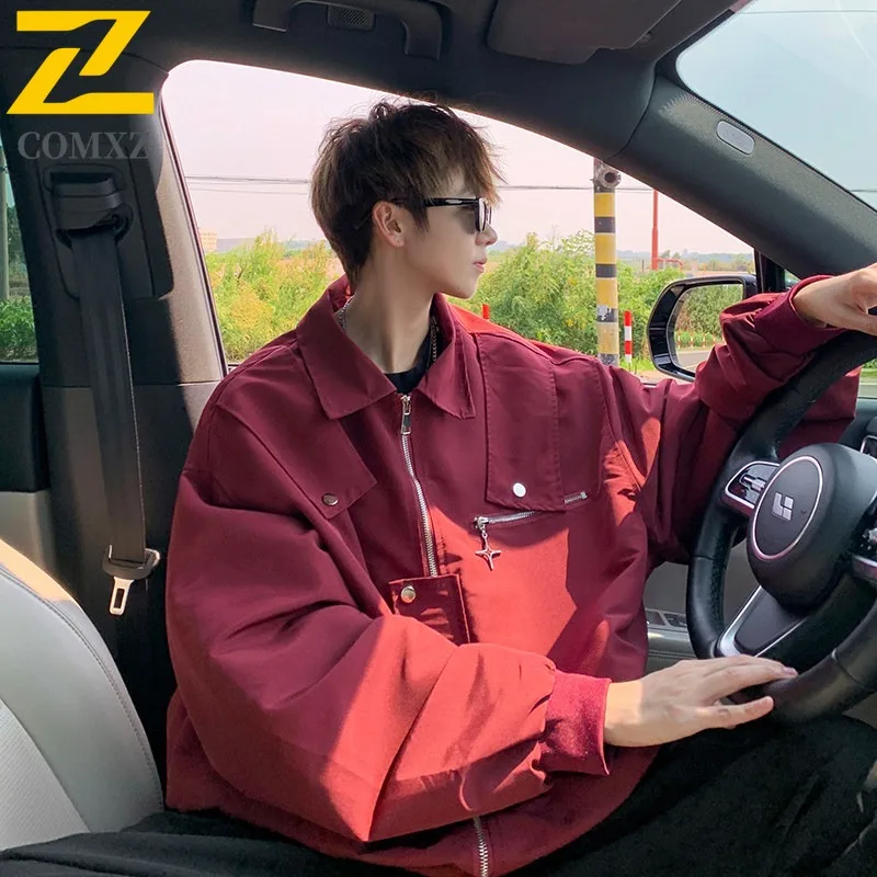 

COMXZ Plus Size Men Jacket High Fashion American High Street Pilot Coat Leisure Turndown Collar Riding Lightweight Windbreaker