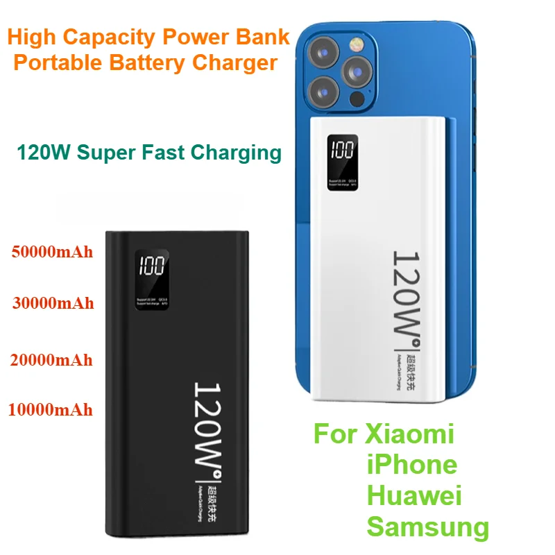 High Capacity Power Bank Portable Battery Charger 120W Super Fast Charging 50000mAh For Xiaomi iPhone Samsung Huawei