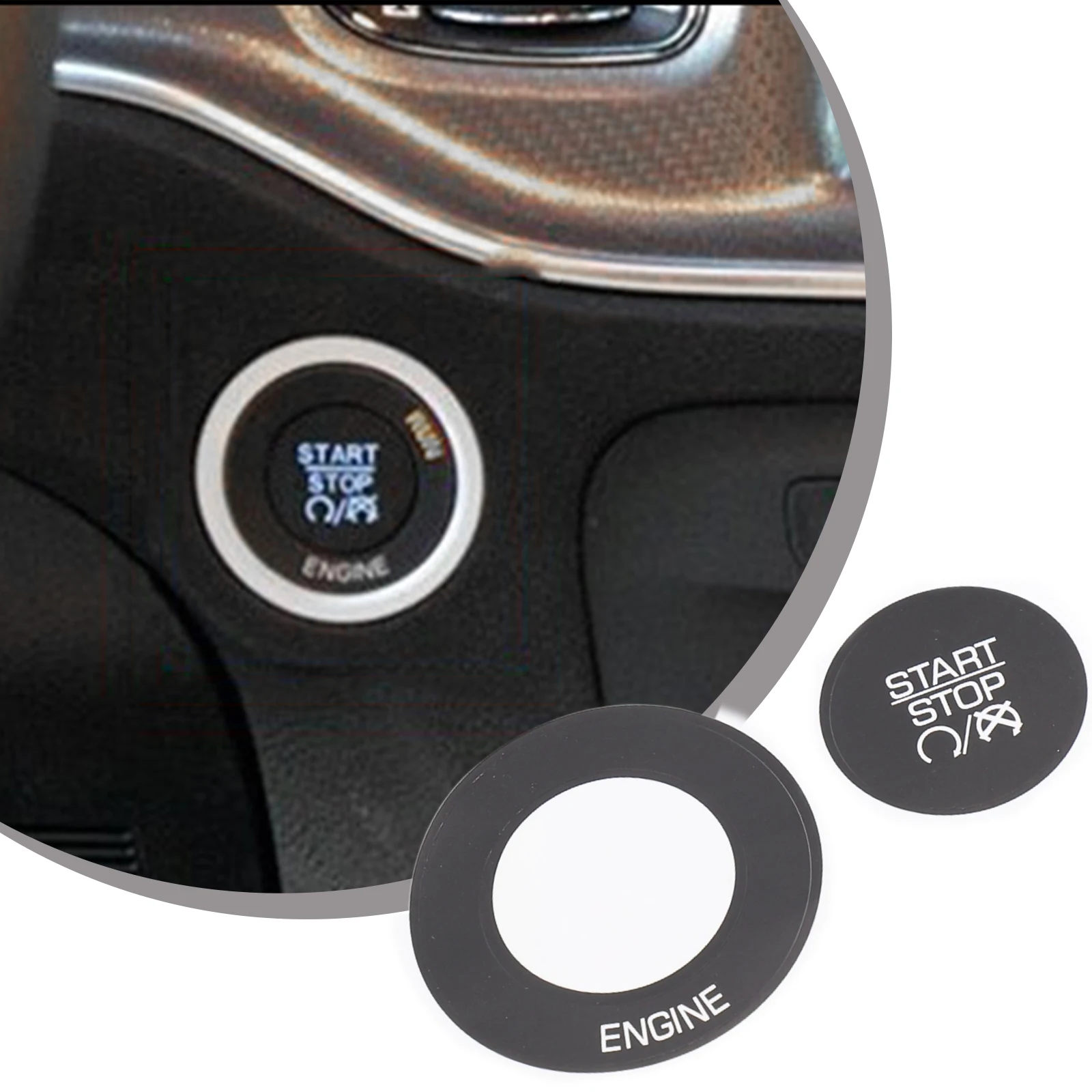 

Push Button Engine Start Stop Switch Decals for Dodge 2011 to 2014 with Vinyl and Clear White Lettering Overlay