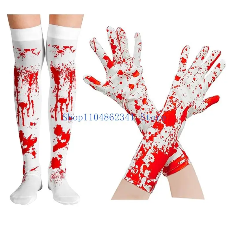 5ASD 1/2pcs الفخذ الدموي عالية الجوارب طول الكوع قفازات الهالوين تأثيري