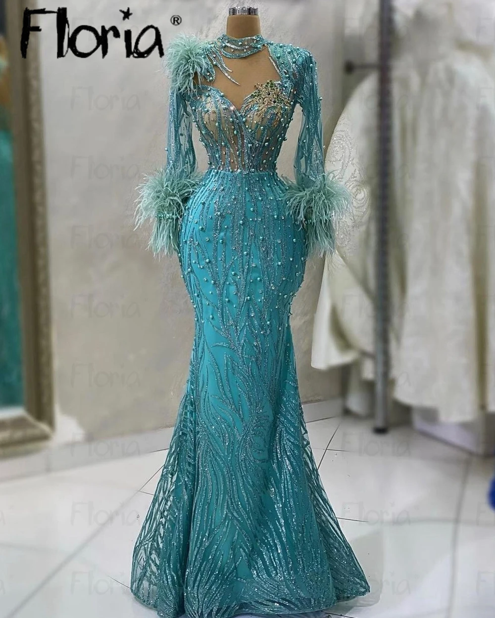 Elegant Fashion Blue Feather Evening Dress Muslim Dubai Beaded Long Sleeves Wedding Party Gowns Celebrity Dress Formal Prom Gown