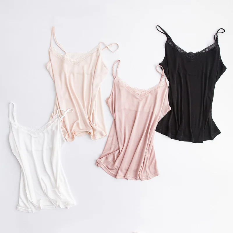 Nowy lato 100% naturalny jedwab wysokiej jakości fajne Camisole kobiet dekolt Sexy i wygodne bez rękawów koronkowy Tank Tops