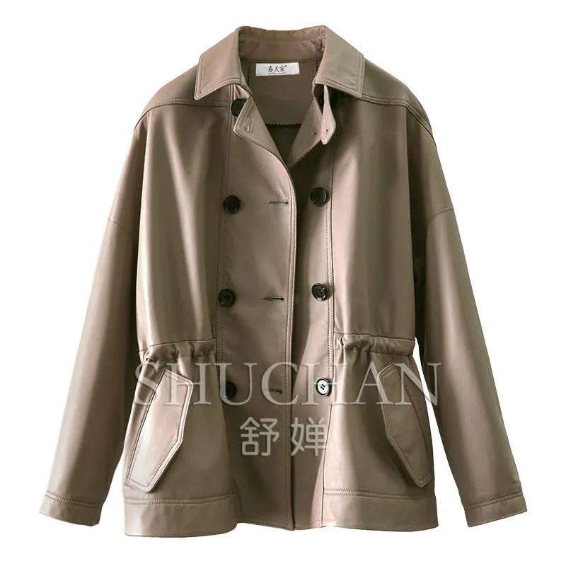 British Waist Sheepskin Leather Jacket Trench Coat Women's 576I  Real Leather Jacket Women blazer femme