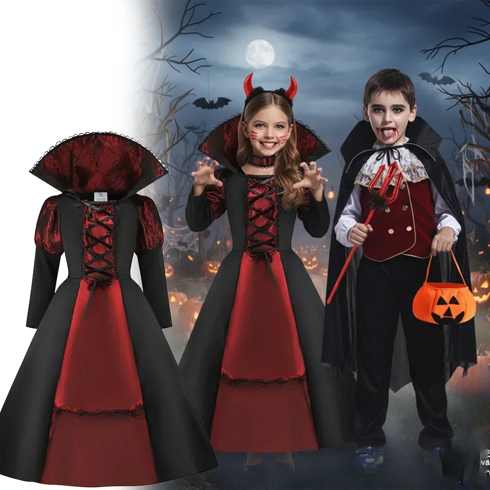 Kinder-Halloween-Teufel-Vampir-Kostüm, Mädchen-Gothic-Langkleid mit Horn-Stirnband, Dreizack, Kürbistasche, Cosplay-Party-Outfit – Detail 1