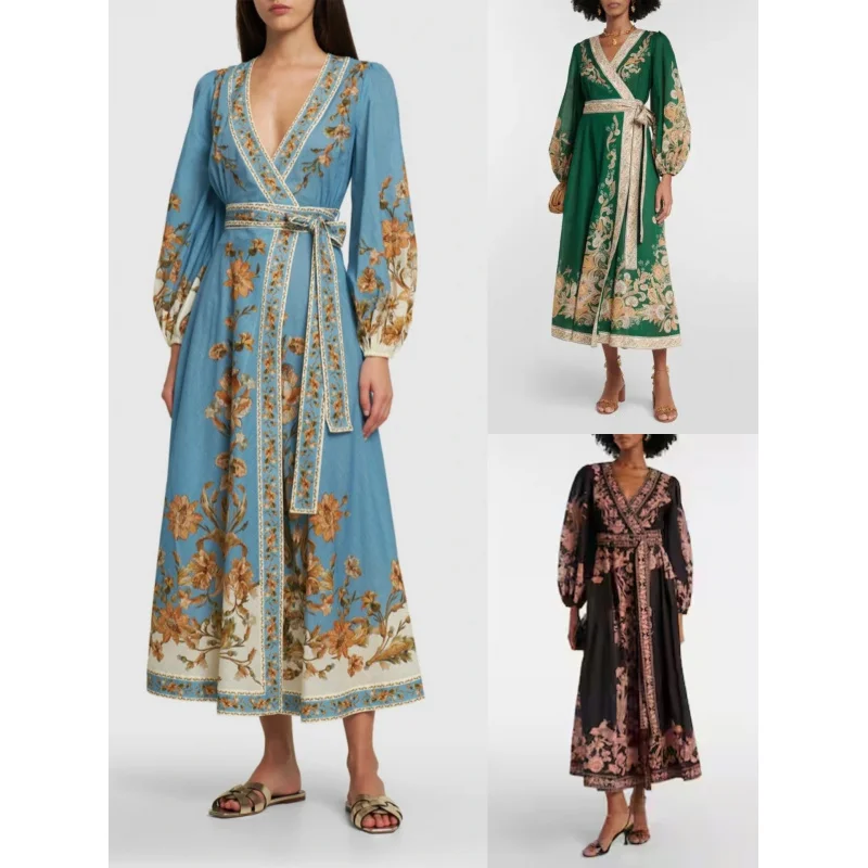

2024New Arrival Hot Selling Fashion Printed Long SleevevTie Waist Dress