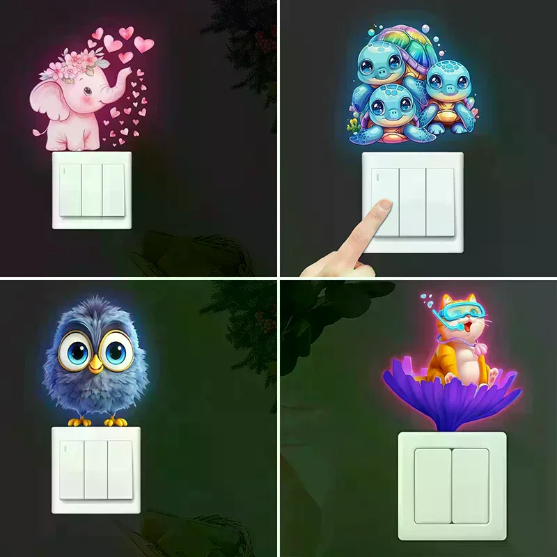 Glow-in-the-Dark Switch Stickers Penguins Elephants Design Self-Adhesive Removable Wall Stickers Suitable For Switches & Outlets