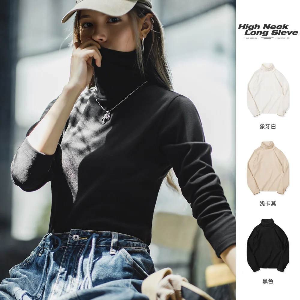 Maden 2024 NEW Autumn Winter Black Slim-Fit High Neck Long Sleeve Bottoming Shirt for Women Solid Color Knitwear T-shirts