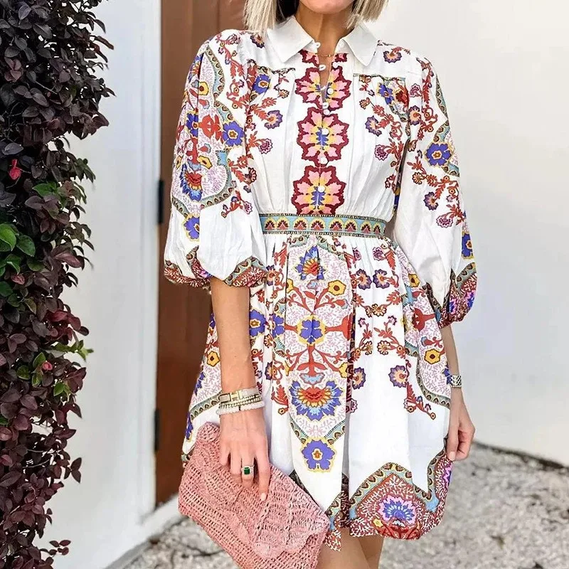 레트로 패턴 프린팅 숏 드레스 2025 여성 패션 랜턴 슬리브 라펠 하이 웨이스트 셔츠 드레스 보헤미안 미니 플리츠 드레스