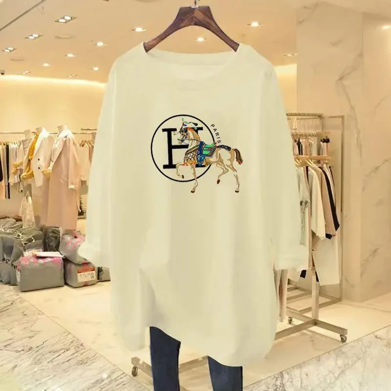 Women Clothing Chic Y2k Printed T-shirt Long Sleeve Pure Cotton O-neck Pullovers Autumn New Loose Casual All-match Top Tees