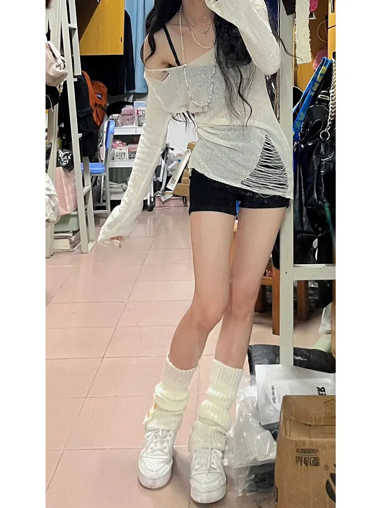 Women's Long Sleeve T-Shirt Summer Thin Design Sense Slim Fit Sexy Hole Punching Casual round Neck Top Korean Style Commute