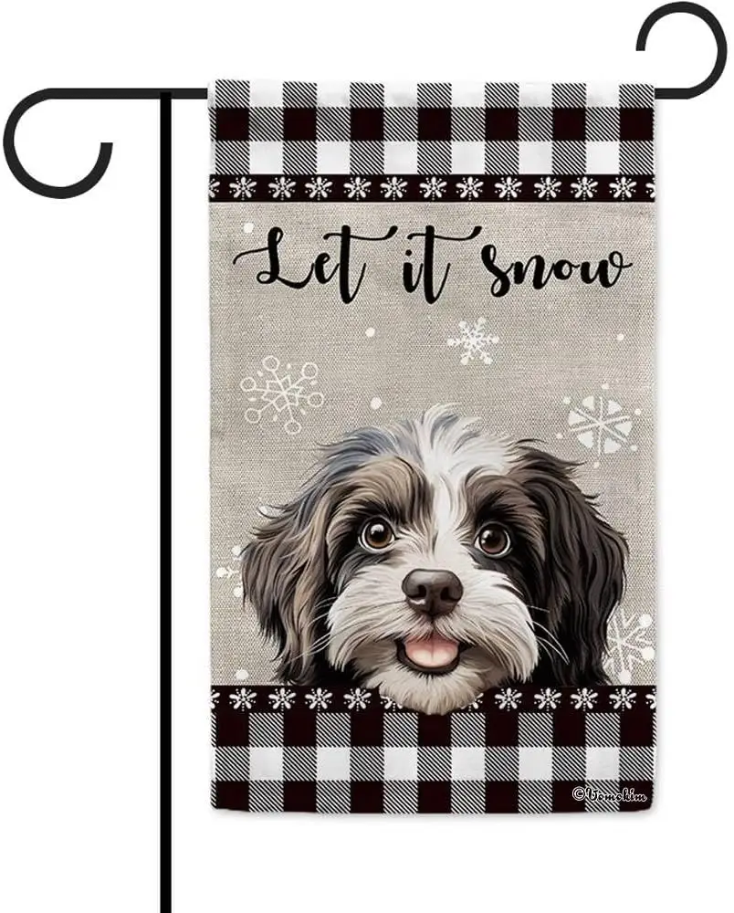 Let It Snow Winter Garden Flag Havanese Dog Snowflake Black White Check Simple Style Winter Christmas Holiday Yard Porch Dec IIC