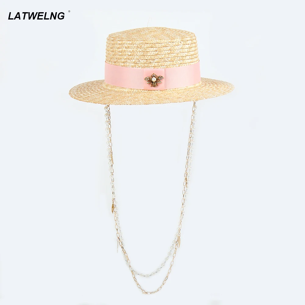 2024 new design bee sun hat elegant pearl chain straw hat for women beach hat suncreen flat ladies dress party hats