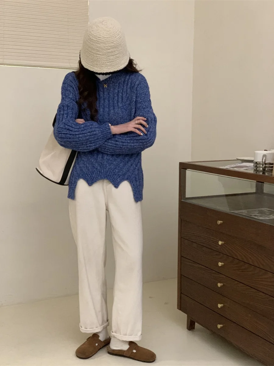 JingTai Deep Blue Knitted Sweater Mixed Yarn 3D Knitwear French Sle round Ne Long Sve Regular Fit Single Piece