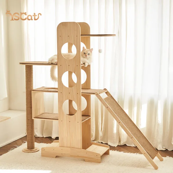 

Modern Gray Wood Cat Tower Tall Luxury Multi-Level Floor Ceiling Cat Tree Classic Large Classic For Luxury Pet Cat For Halloween