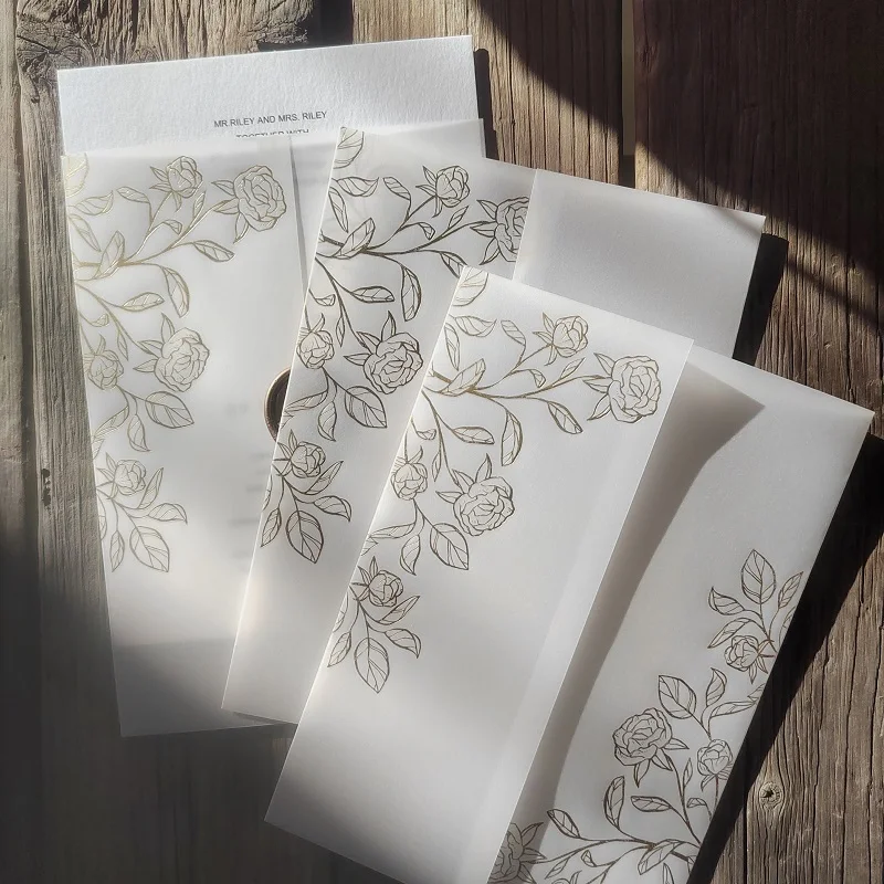 Matte Gold Little Rose Vine flower Vellum Wrap Suitable for a 5 x 7 inch Wedding Invitation