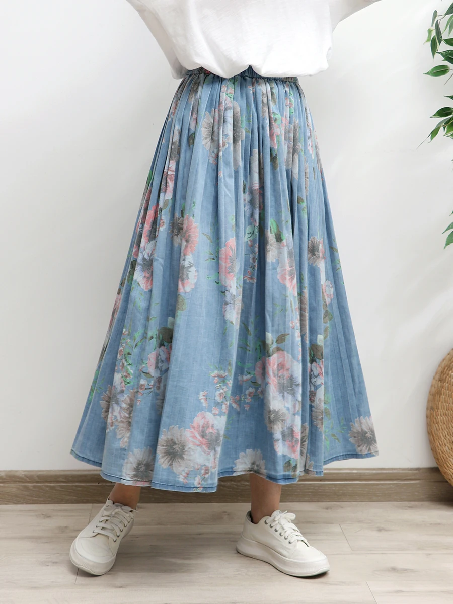 Free Shipping 2024 Light Blue New Long Maxi Women Elastic High Waist Spring  Summer Denim  Pleated Printed Lady  A-Line Skirts