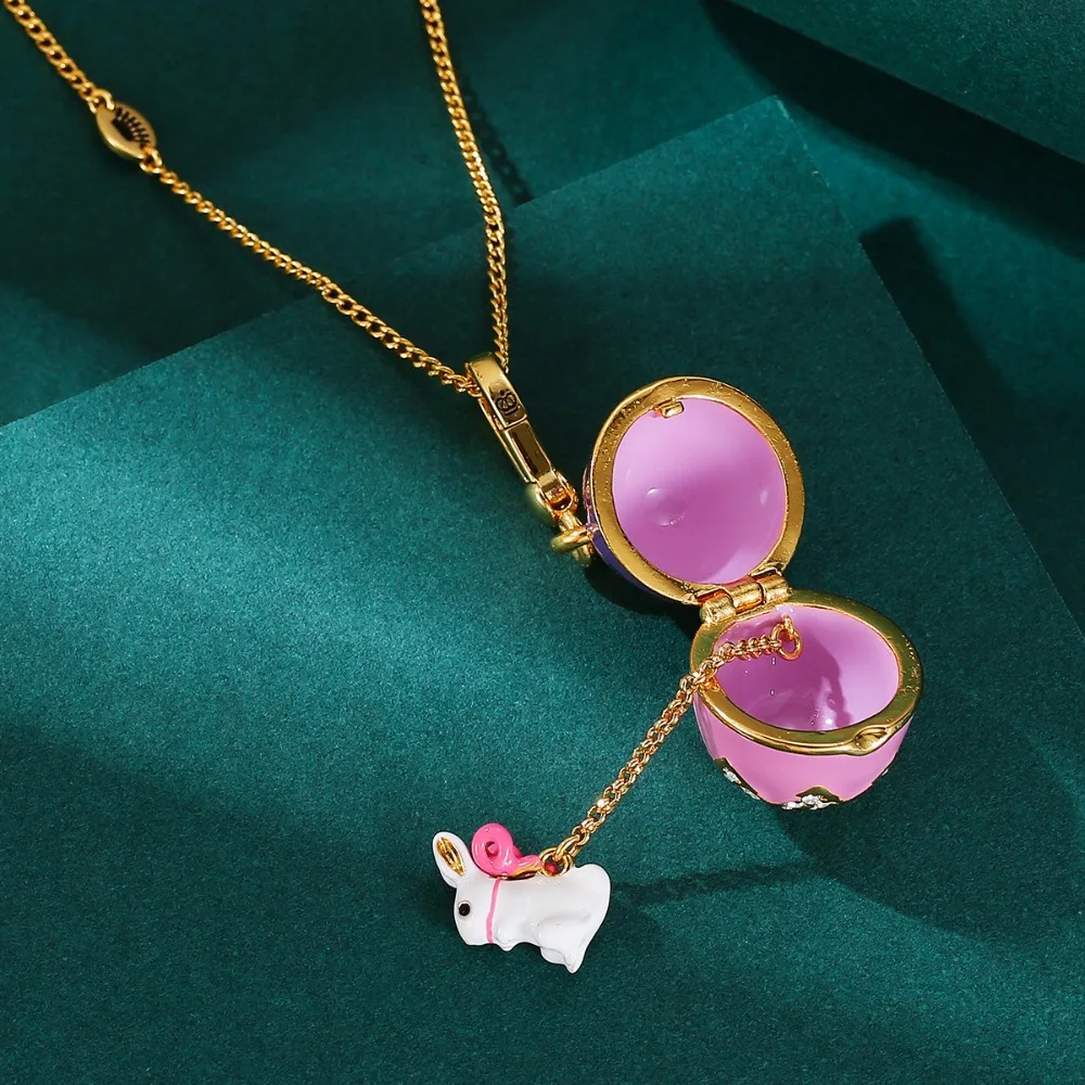 Fashion Cute Enamel Rabbit Egg Locket Necklace Openable Bunny Sweater Chain Elegant Animal Pendant Gift for Women Girls