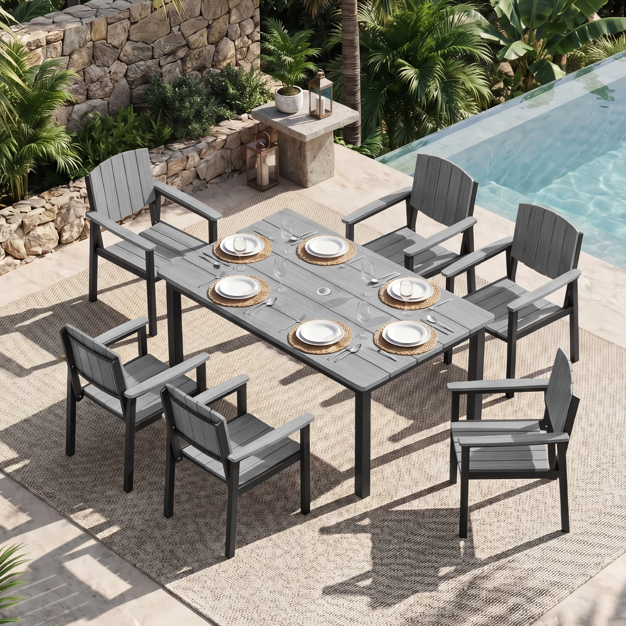 2-piece outdoor dining chair set; made of aluminum alloy with armrests and a wood-grain finish; suitable for gardens and patios.