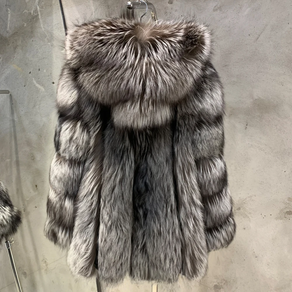 Winter Warm Silver Fox Fur Jackets Coats Luxury Natural Women Hood Fox Fur Coats