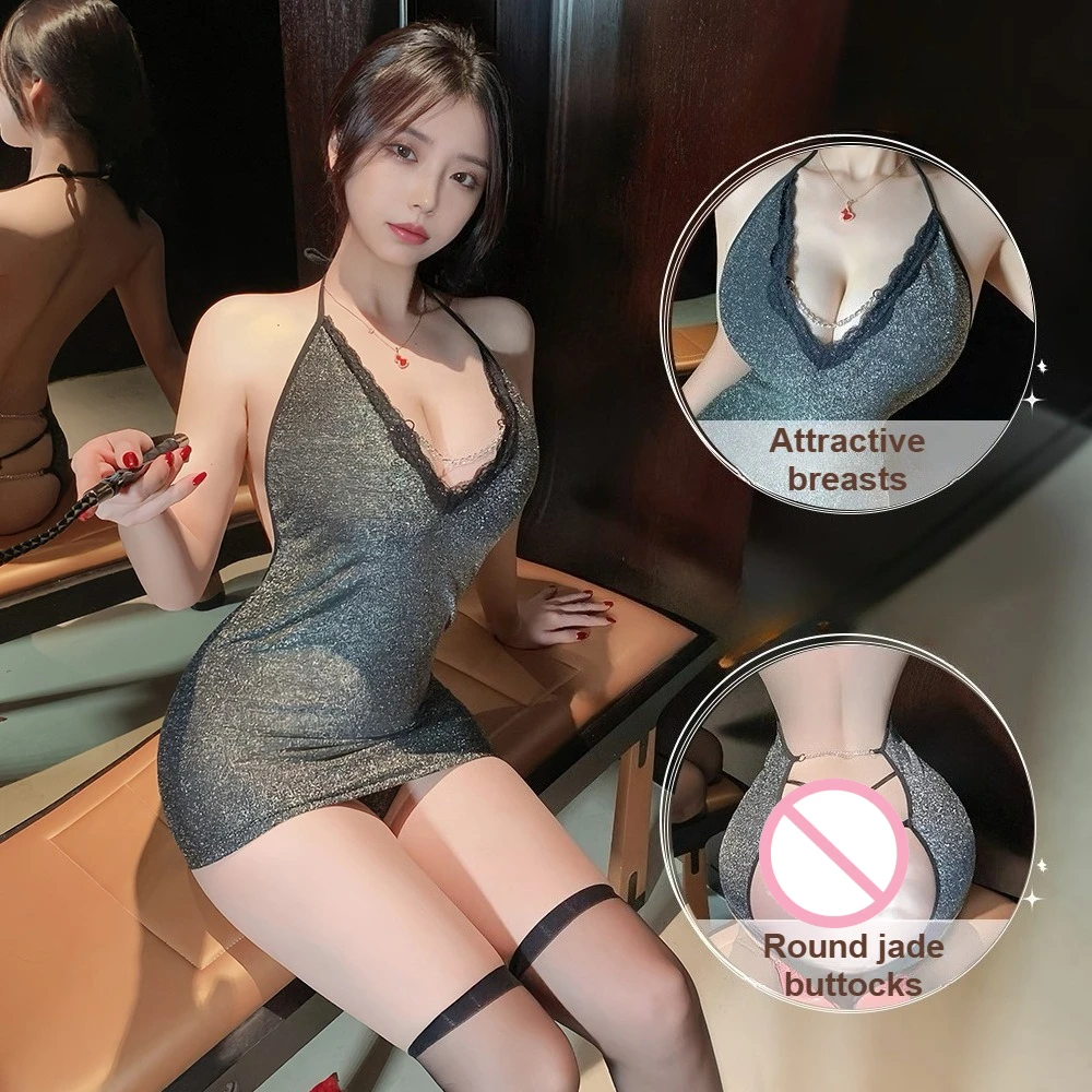 

Sexy Deep V Lingerie for Small Chest - Push Up Chain Detail Pajama Set, No-Remove Roleplay Costume