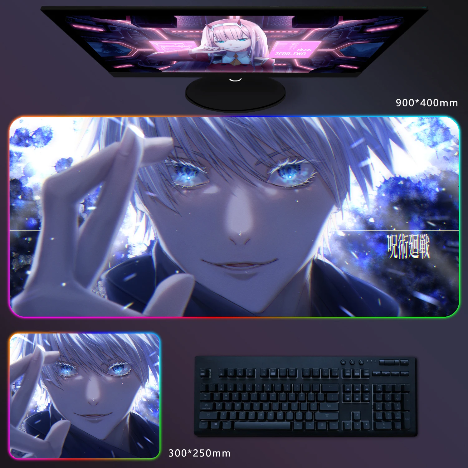 RGB Mouse Pad  Jujutsu Kaisen Satoru Gojo Anime Gaming Mousepad Large LED Rubber Table Mat Laptop Pad Desktop Game Mats Carpet