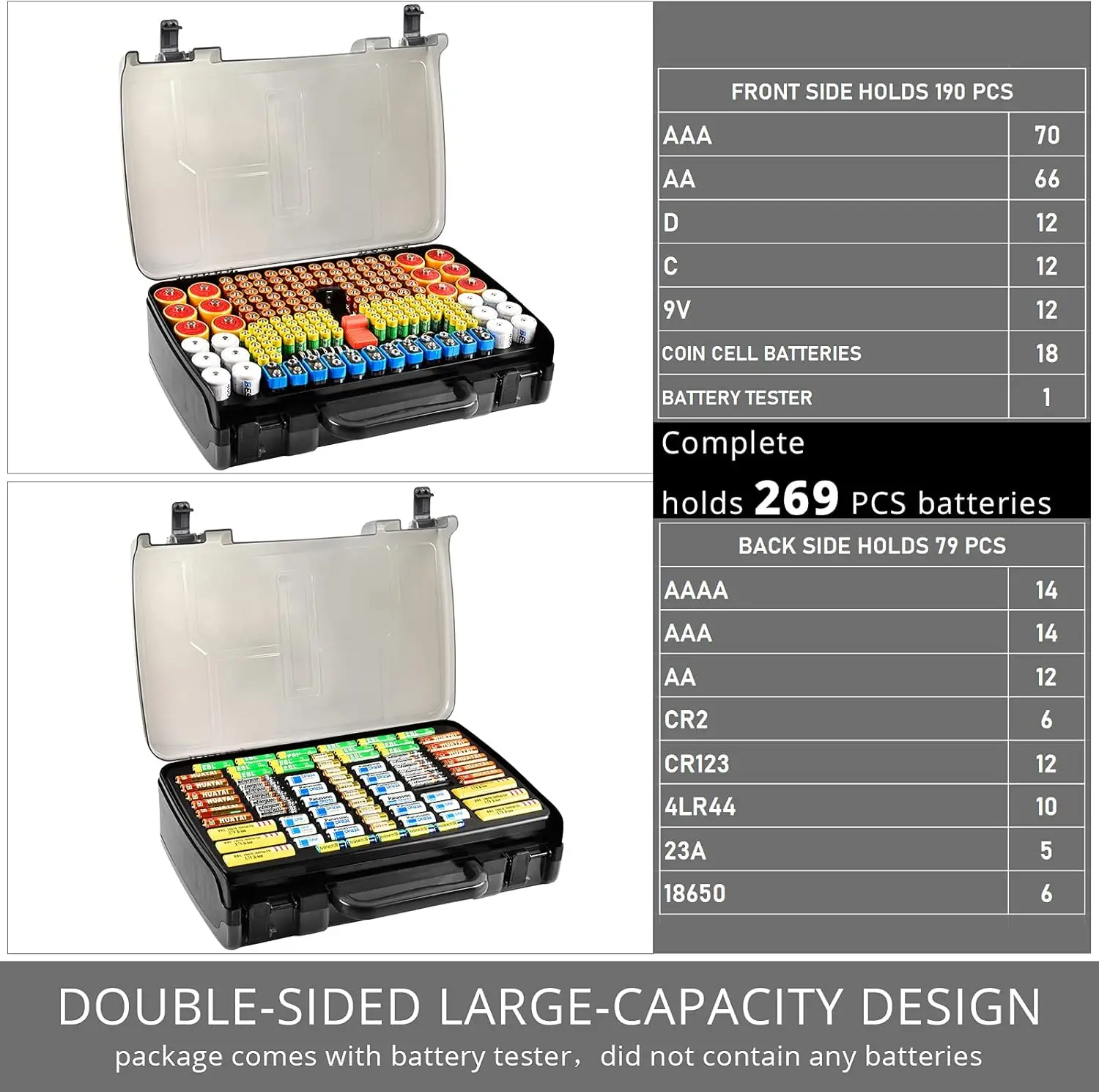 Battery Organizer Storage Holder Box Case with Tester- 269 Batteries Double-Sided Variety Pack, Holds AA AAA 4A C D Cell 9V 3V