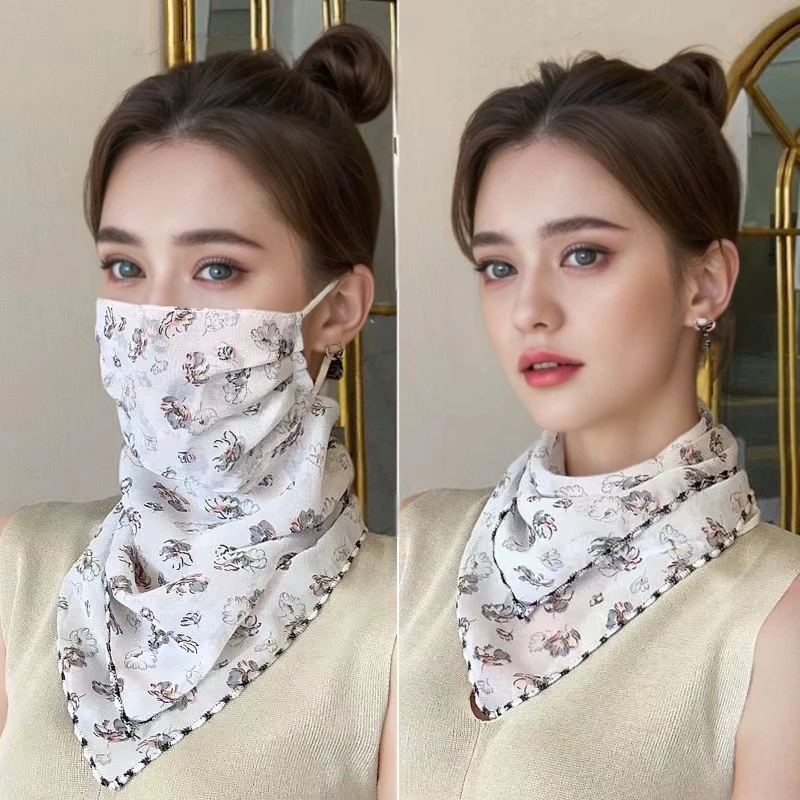 

Женский солнцезащитный шарф с цветочным принтом, регулируемая защитная маска для лица с шифоновым принтом, защитная бандана из ледяного шелка для шеи