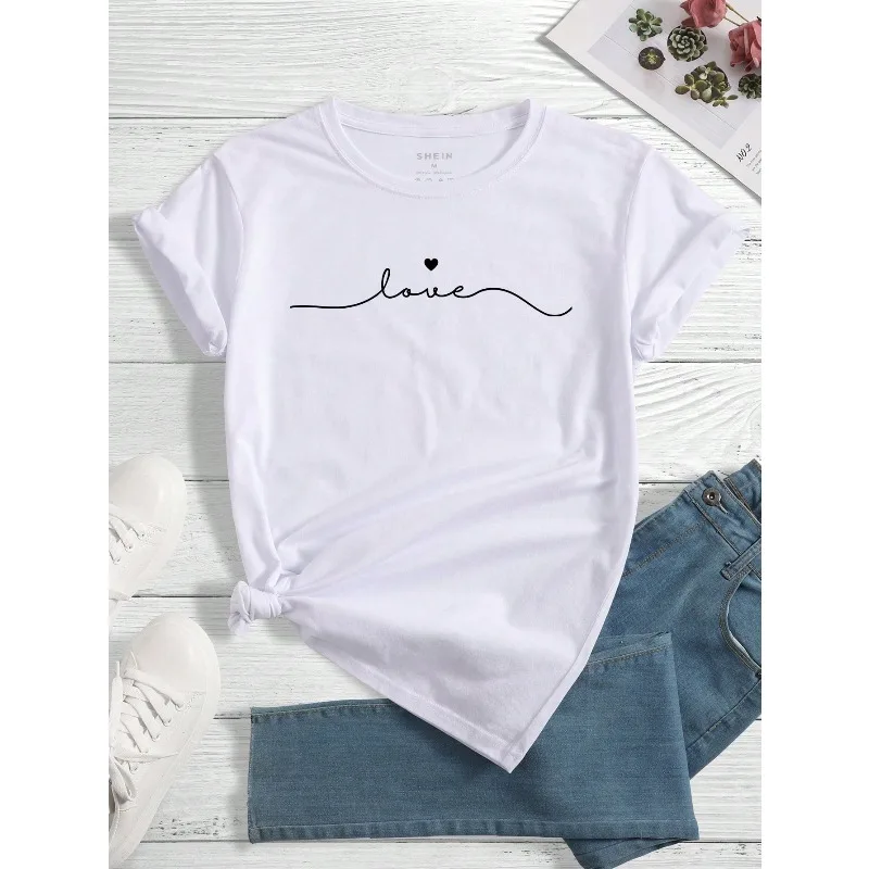 Camiseta de manga corta con estampado de letras y corazón para mujer, Top informal de algodón a la moda con cuello redondo