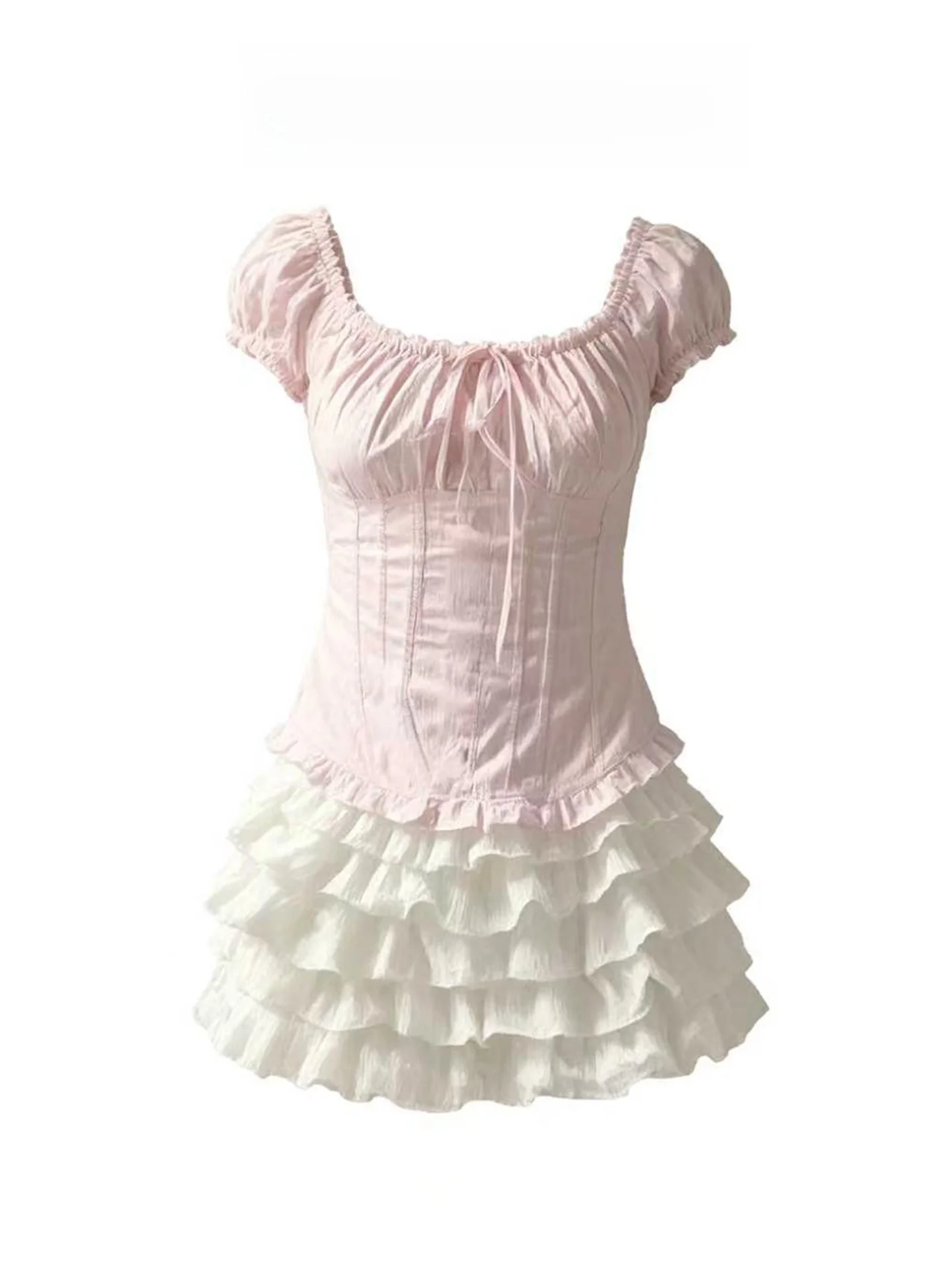 

Sweet And Spicy Style Pink Lace Bubble Sleeve Shirt Women's Summer 2026 One-Shoulder Short Dress Set Square Collar Fashion