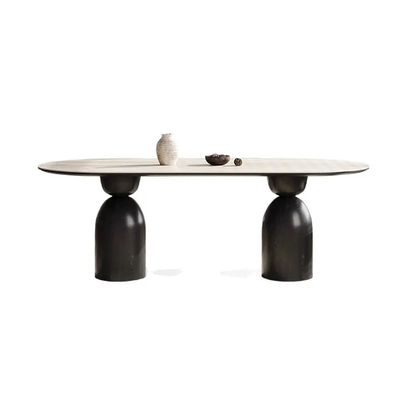 #Medieval Style Solid Wood Oval Dining Table Rock Slab Top Modern Minimalist Light Luxury Finish Disassembly Feature for
