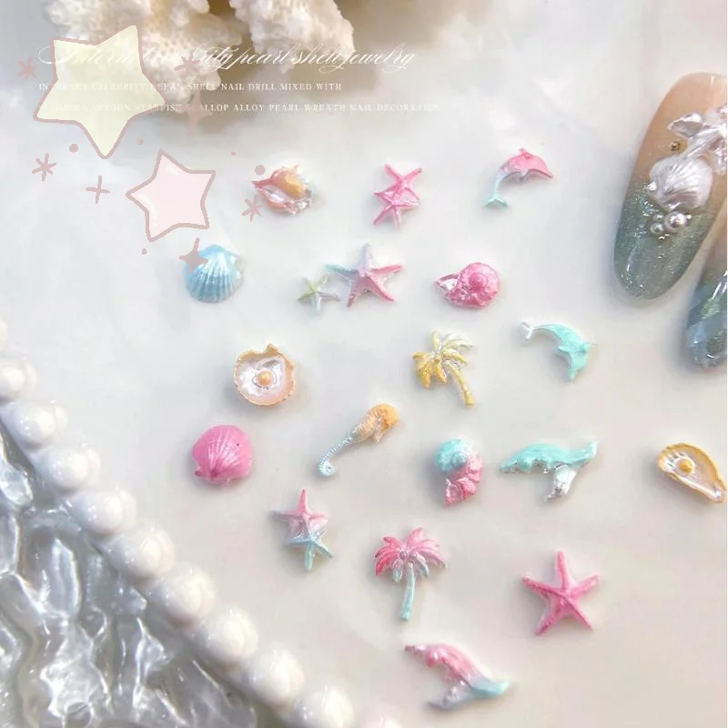 50PCS Ocean Series Glossy Colorful Shell Starfish Conch Fishtail Resin Nail Art Rhinestones Jewel Decorations Ornament