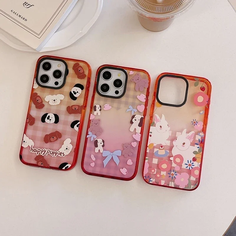 

Checkered Cartoon Dog Rabbit Peach Gradient Border 2.0 Acrylic Phone Case Cover for IPhone 11 12 13 14 15 Pro Max Case