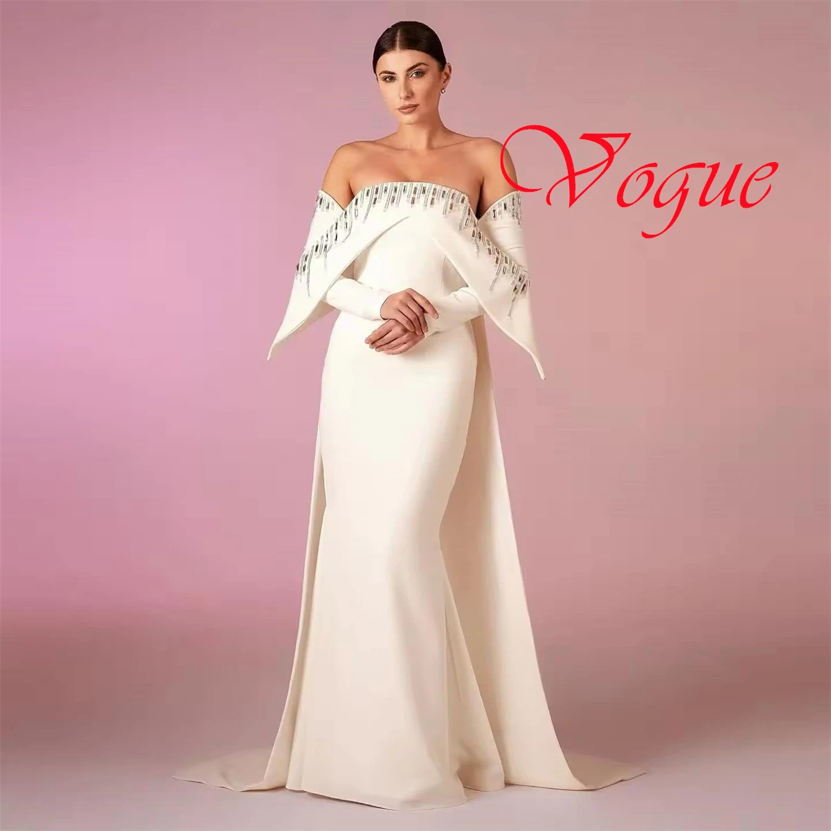 

Customized Delicate Ivory Jersey Evening Dress Classic Strapless Off the Shoulder Long Sleeves Zipper Back Homecoming Dress