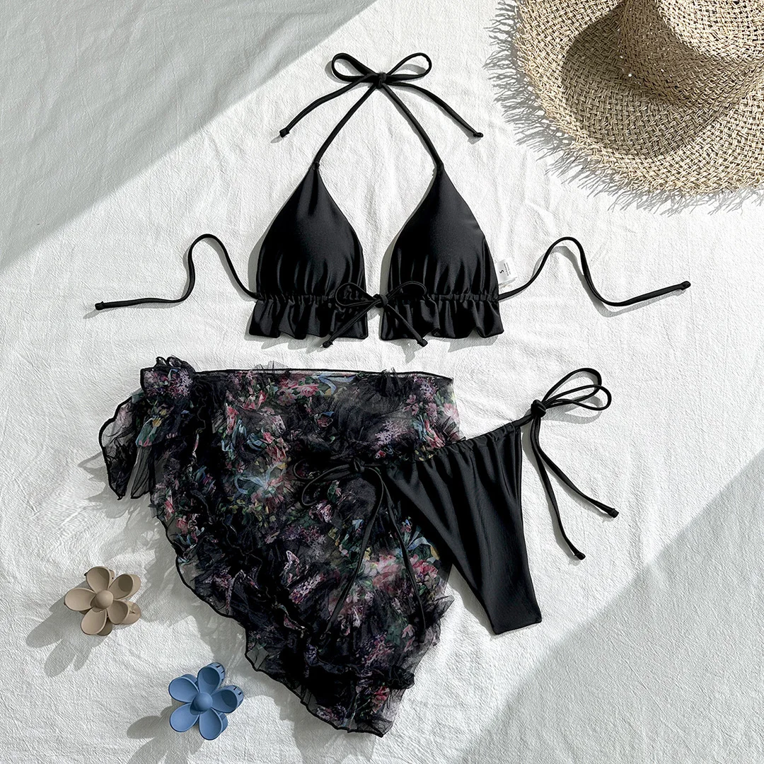 Bikini, Damen-Badeanzug, dreiteiliges Bikini-Set mit floral bedrucktem Sarong, gepolsterter Badeanzug, Badebekleidung, Modell V7569S. – Detail 9